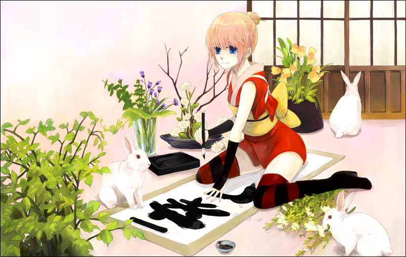 blonde_hair, blue_hair, bunny, calligraphy_brush, gintama, hair_bun, ink, inkstone, japanese_clothes, kagura, original, paintbrush, rabbit, red_hair, rowally, sitting, solo, striped, striped_legwear, striped_thighhighs, thigh-highs, thighhighs, wariza, writing