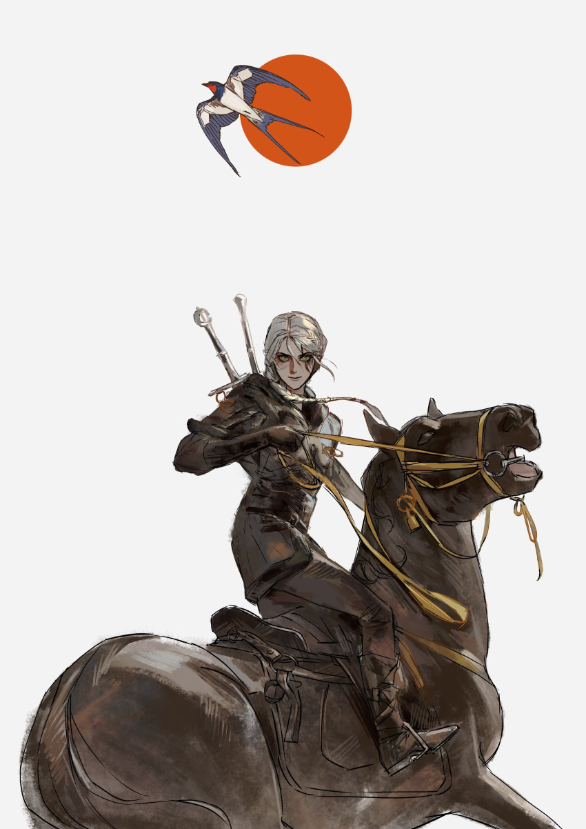 1girl, absurdres, bird, black_pants, boots, braid, ciri, from_side, full_body, green_eyes, highres, holding, holding_reins, horse, horseback_riding, jacket, knee_boots, long_hair, looking_at_viewer, pants, reins, riding, rora_(auroradiation), saddle, scar, scar_across_eye, side_braid, single_braid, smile, solo, swallow_(bird), the_witcher_(series), the_witcher_4, weapon, weapon_on_back, white_background, white_hair