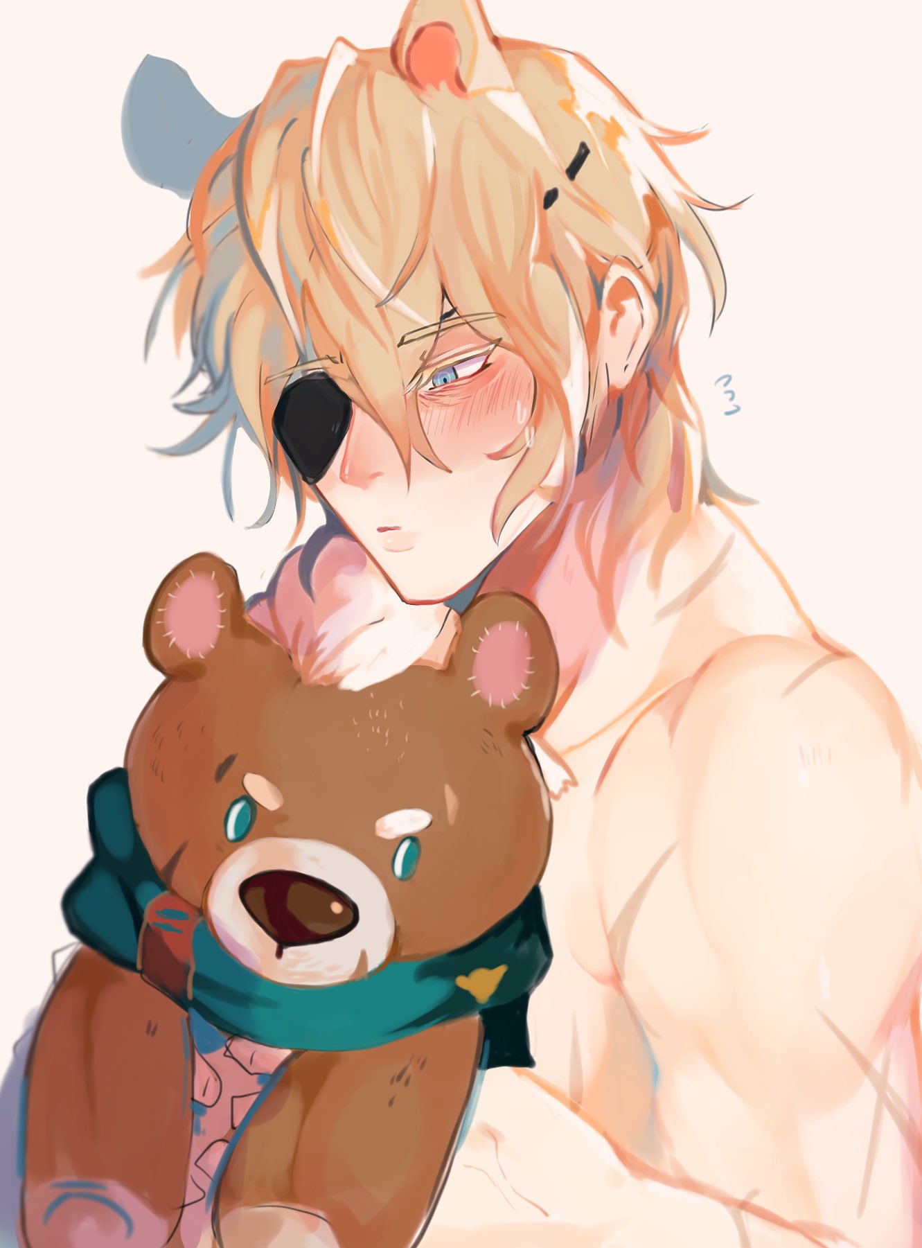 1boy, animal_ears, bii_(chigonez), blue_eyes, blue_scarf, blush, character_doll, closed_mouth