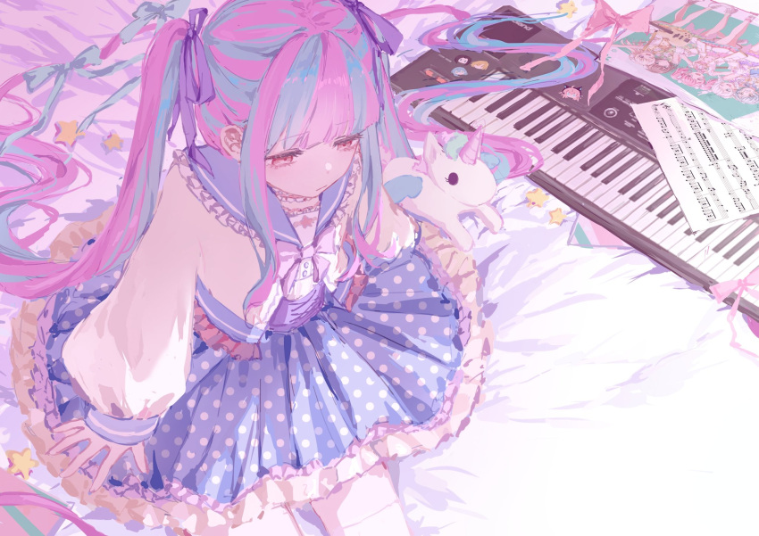 1girl, asahi_rokka, bang_dream!, bed, bow, center_frills, frills, hair_ribbon