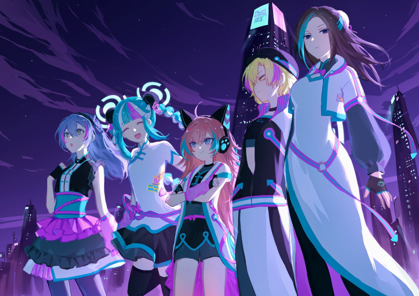 5girls, asahi_rokka, bang_dream!, black_hair, black_socks, blonde_hair, blue_hair, city