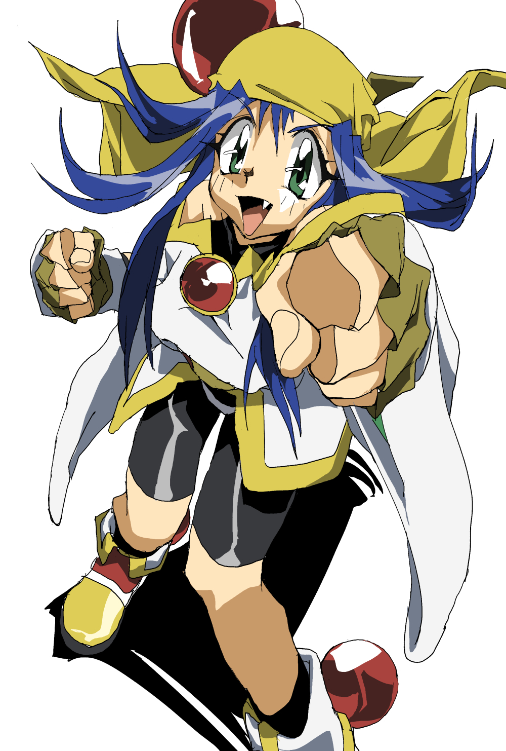 1girl, bandana, bike_shorts, black_shorts, blue_hair, brown_gloves, clenched_hand, commentary_request