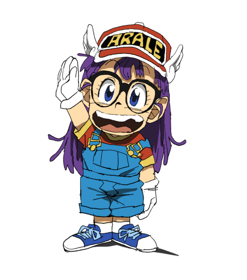 1girl, arm_up, blue_overalls, commentary_request, dr._slump, eyelashes, full_body, glasses