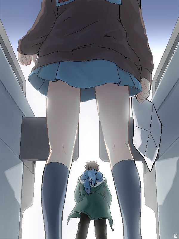 cardigan, from_behind, kneepits, kyon, nagato_yuki, paper, scarf, school_uniform