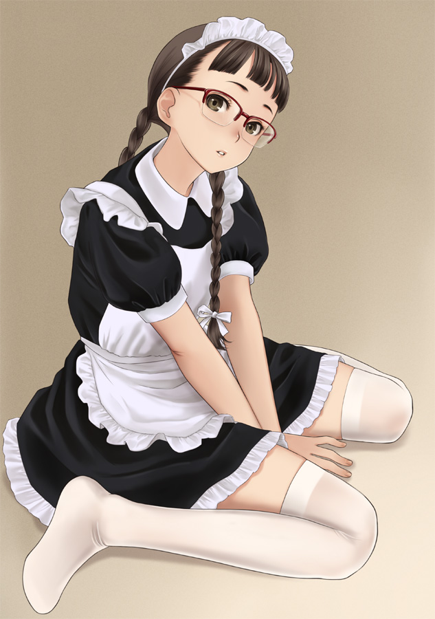 1girl, braids, brown_eyes, brown_hair, child, copyright_request, face, glasses, luna2, maid, simple_background, sitting, solo, thigh-highs, thighhighs, twin_braids, twintails, wariza, white_legwear, white_thighhighs