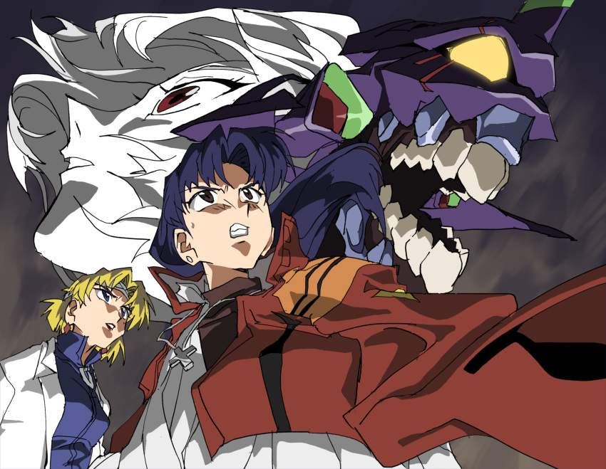 3girls, akagi_ritsuko, ayanami_rei, bandaged_head, bandages, bandaid, blonde_hair, clenched_teeth, commentary_request, cross, cross_necklace, eva_01, evangelion_(mecha), glowing, glowing_eye, highres, jacket, jacket_on_shoulders, jewelry, katsuragi_misato, lab_coat, lipstick, long_hair, makeup, mecha, multiple_girls, necklace, neon_genesis_evangelion, profile, purple_hair, red_eyes, red_jacket, robot, science_fiction, shino_(2919), shirt, short_hair, teeth