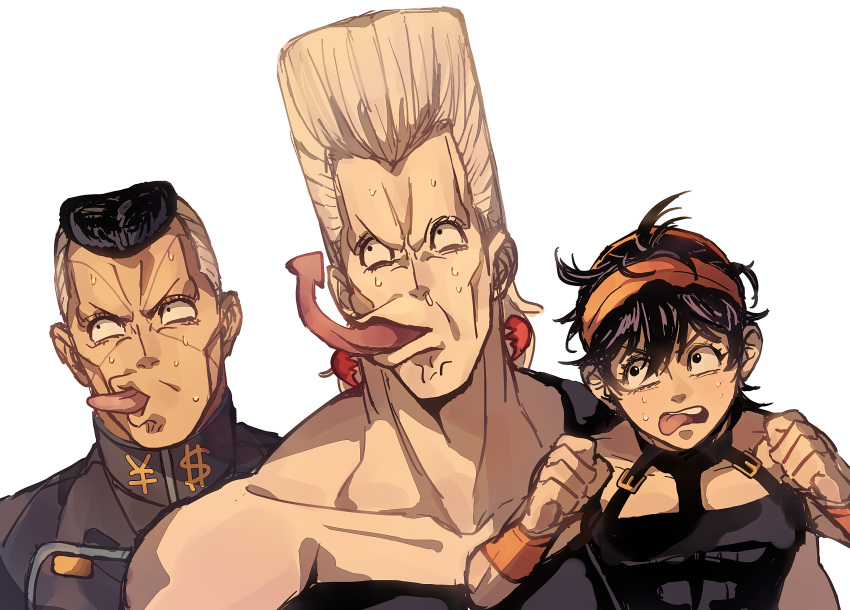3boys, absurdres, arrow_(symbol), clenched_hands, diamond_wa_kudakenai, dollar_sign, earrings, flattop