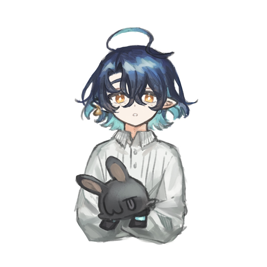 1boy, :o, aged_down, ahoge, arknights, blue_hair, bright_pupils, chickenuma_0, choshanland_plushy_(arknights), colored_inner_hair, commentary_request, cropped_torso, freckles, highres, holding, holding_stuffed_toy, long_sleeves, looking_at_viewer, lumen_(arknights), male_focus, multicolored_hair, pointy_ears, shirt, simple_background, solo, stuffed_toy, white_background, white_pupils, white_shirt, yellow_eyes
