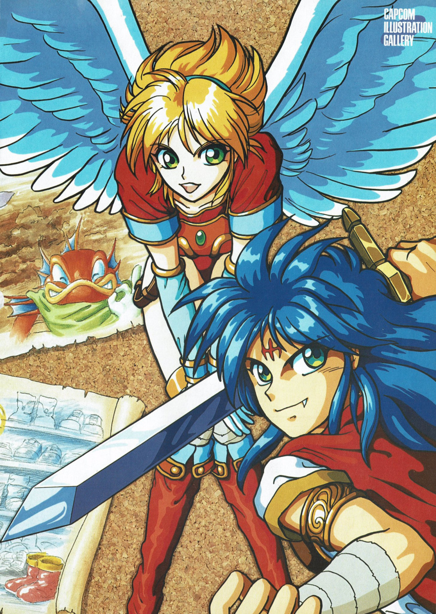 1girl, 2boys, armor, artist_request, bandaged_arm, bandages, blonde_hair, blue_hair, breastplate, breasts, breath_of_fire, breath_of_fire_i, closed_eyes, closed_mouth, copyright_name, detached_sleeves, fang, fang_out, feathered_wings, fish_boy, forehead, green_eyes, green_scarf, highres, holding, holding_sword, holding_weapon, leaning_forward, leotard, long_hair, manillo, medium_hair, multiple_boys, nina_(breath_of_fire_i), official_art, open_mouth, parchment, photo_(object), red_footwear, red_leotard, ryu_(breath_of_fire_i), scarf, sidelocks, sleeved_leotard, small_breasts, smile, sword, teeth, third-party_source, tunic, upper_teeth_only, weapon, white_tunic, white_wings, wings