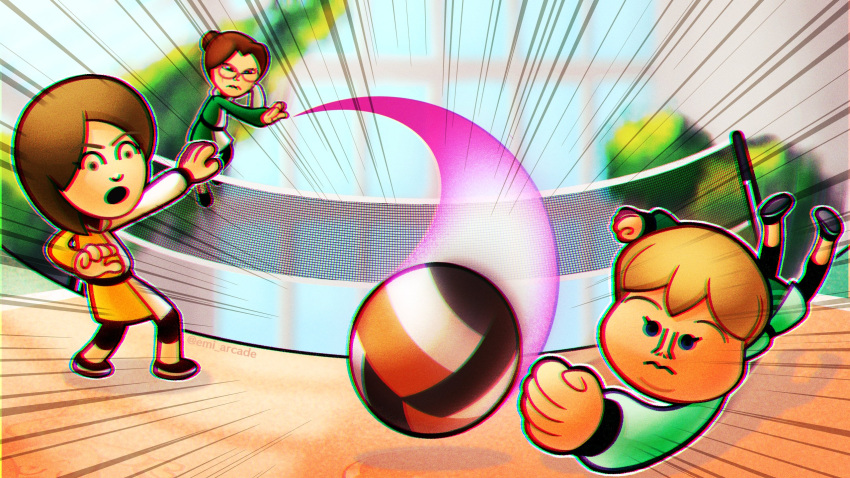 3girls, ball, blonde_hair, brown_hair, chromatic_aberration, emi_arcade, emphasis_lines, glasses