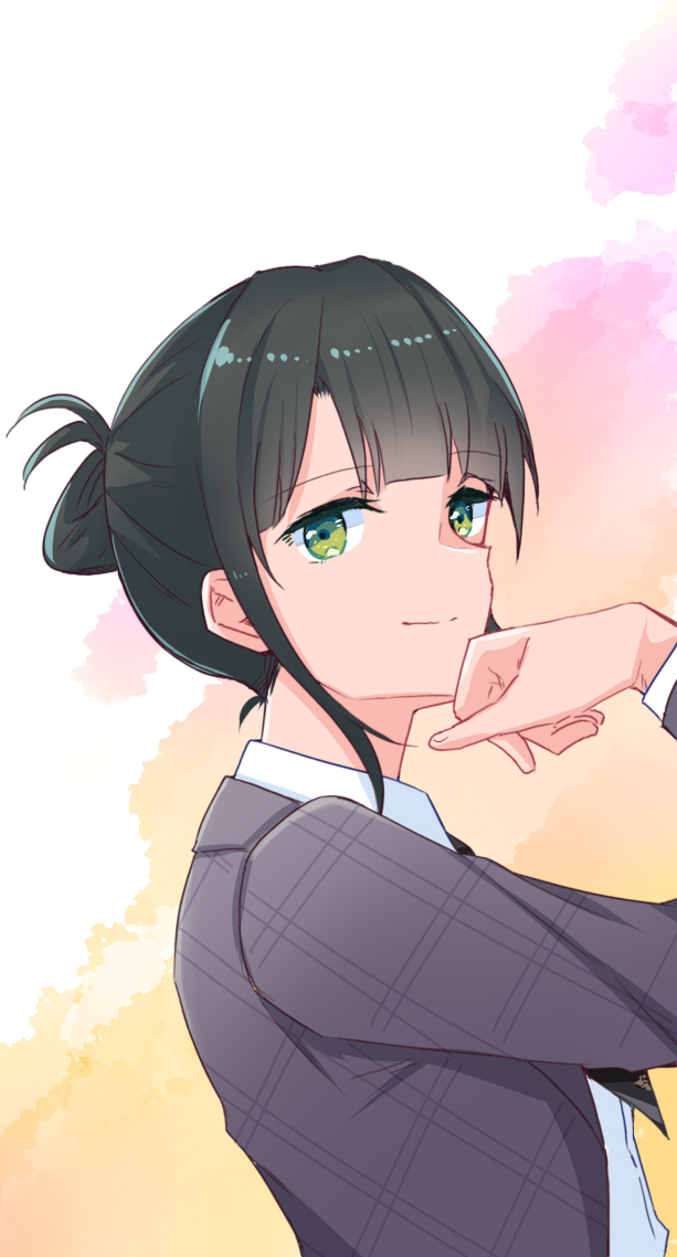 1girl, arm_up, black_hair, black_necktie, blazer, blunt_bangs, closed_mouth, collared_shirt