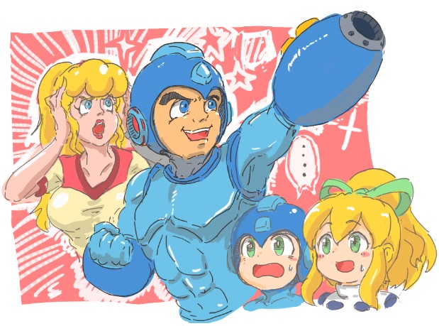 ..., 2boys, 2girls, arm_cannon, blonde_hair, blue_bodysuit, blue_eyes, bodysuit