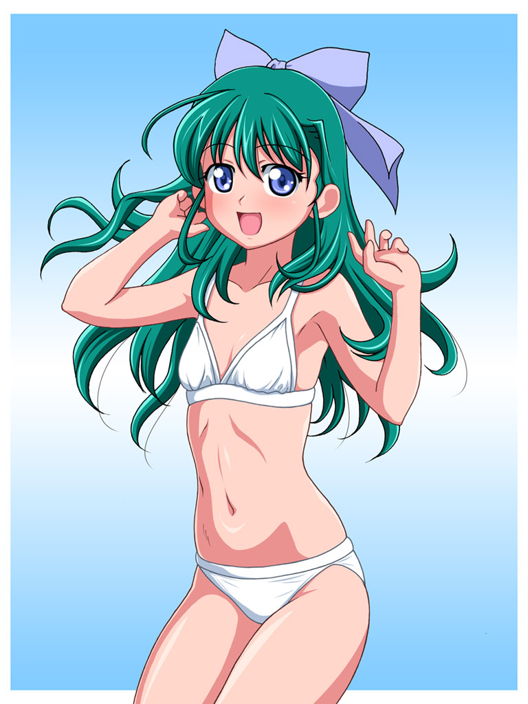 blue_eyes, flat_chest, green_hair, inferno_(nanbu14), long_hair, onegai_twins, onodera_karen, swimsuit