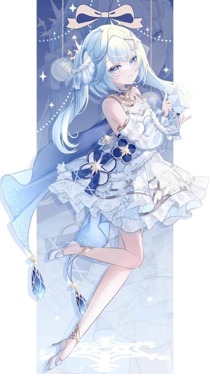 1girl, absurdres, adapted_costume, alternate_eye_color, alternate_hair_color, anninufufu, bare_shoulders, blue_eyes