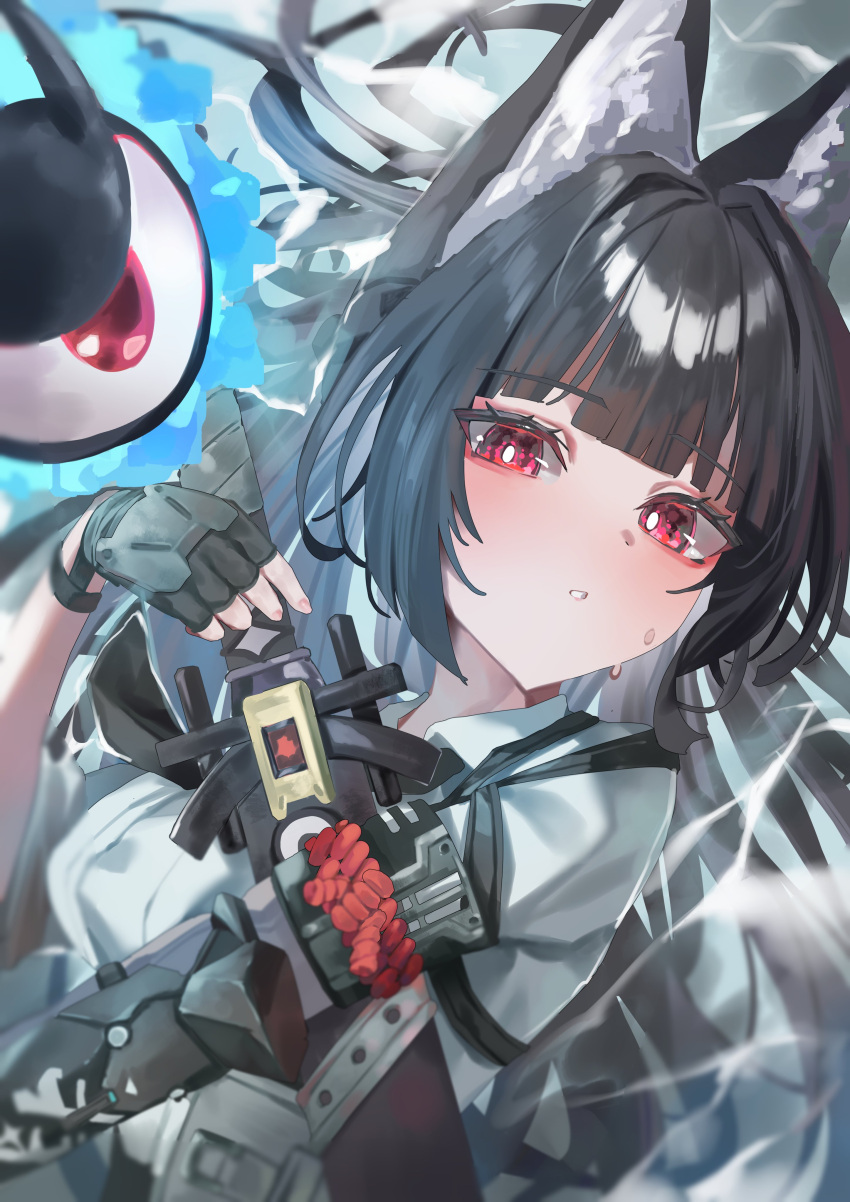 1girl, absurdres, animal_ear_fluff, animal_ears, black_gloves, black_hair, blunt_bangs, blush