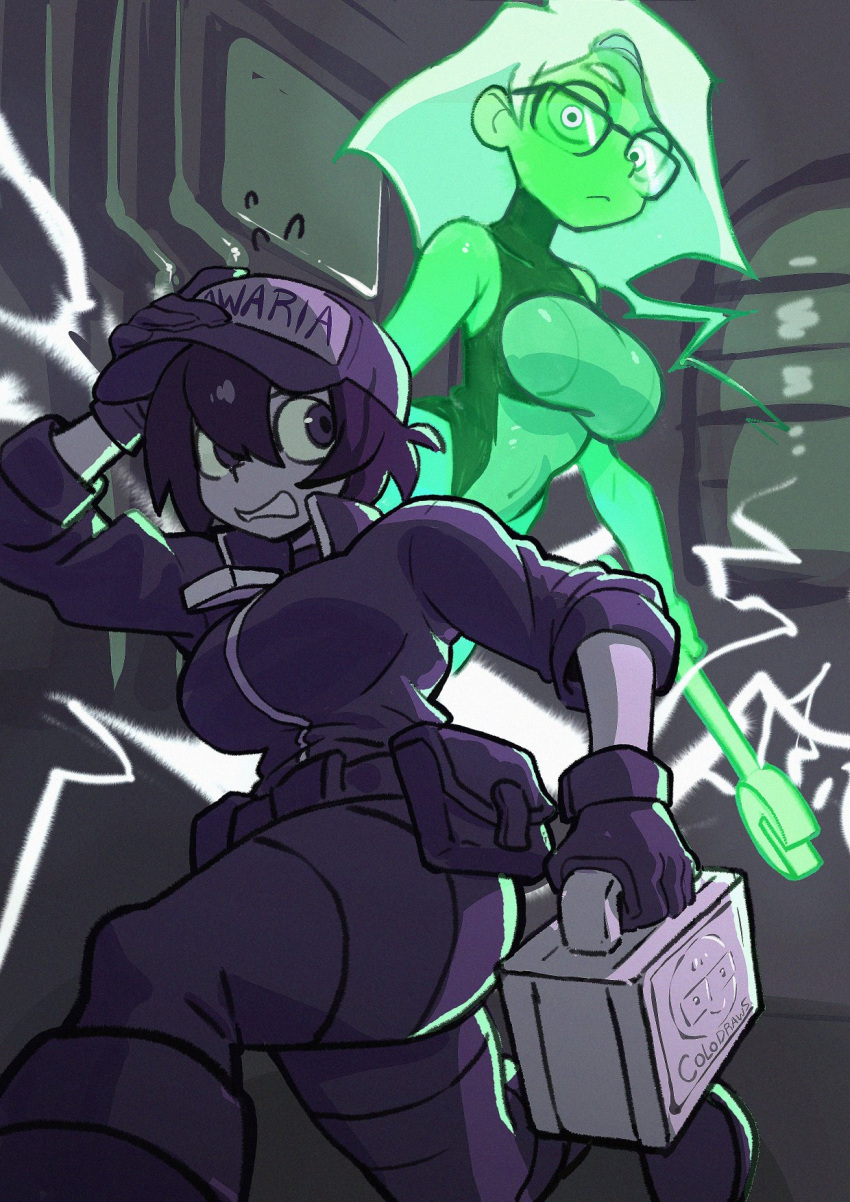 2girls, awaria, blue_hat, colo_(nagrolaz), colored_skin, ghost, glasses, green_eyes, green_hair, green_skin, hand_on_own_head, hat, highres, holding, holding_wrench, looking_at_another, multiple_girls, running, usterka, wrench, zmora