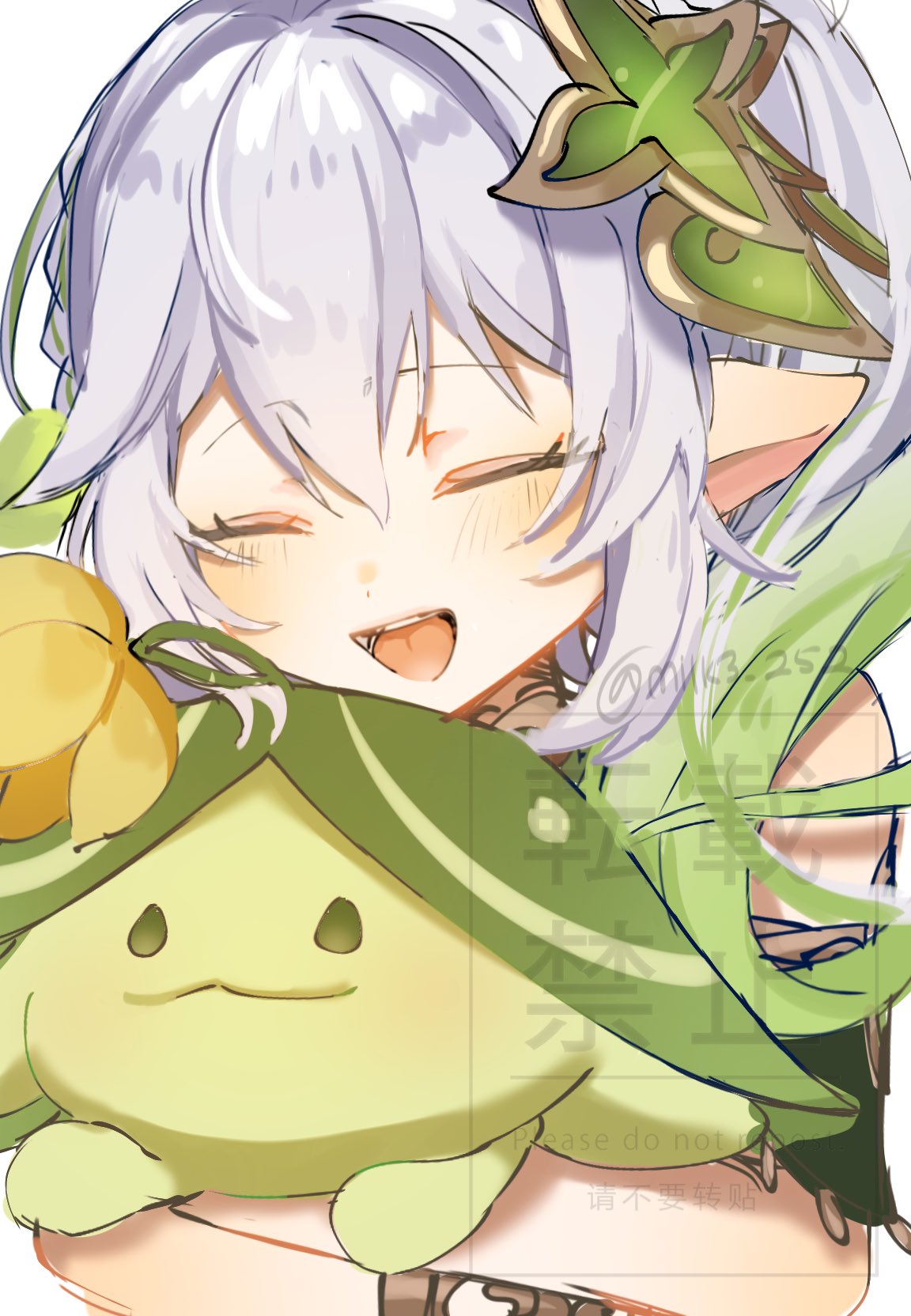 1girl, :d, aranara_(genshin_impact), bracelet, closed_eyes, commentary_request, genshin_impact, gradient_hair