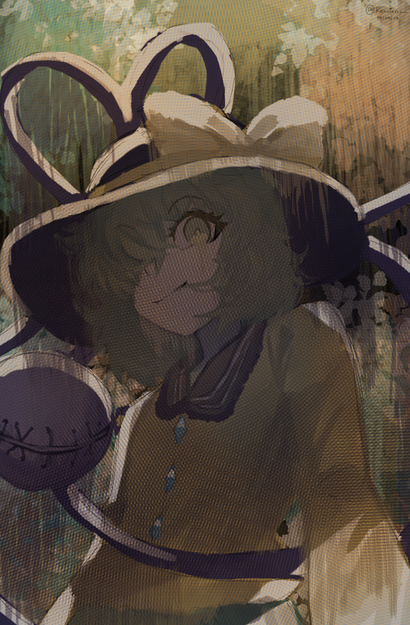 1girl, black_hat, blouse, bow, buttons, diamond_button, eyeball, frilled_shirt_collar