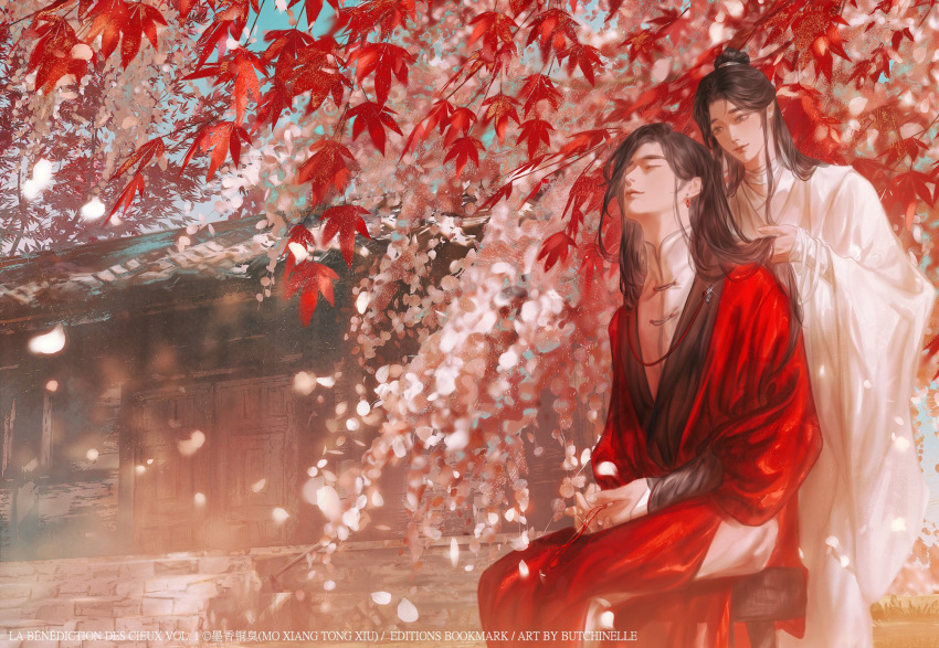 2boys, architecture, artist_name, bandaged_neck, bandaged_wrist, bandages, black_hair, brown_eyes