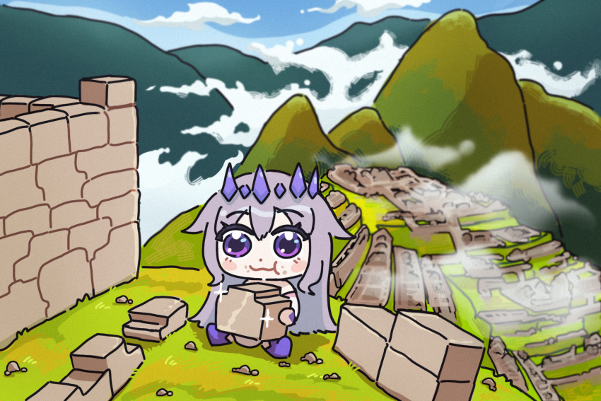 1girl, bing_huyue, blush_stickers, chibi, circlet, clouds, eating, english_commentary