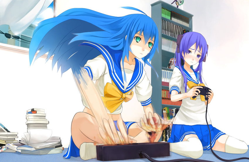 2girls, ahoge, blue_hair, blue_skirt, blush, bookshelf, cameo, empty_eyes