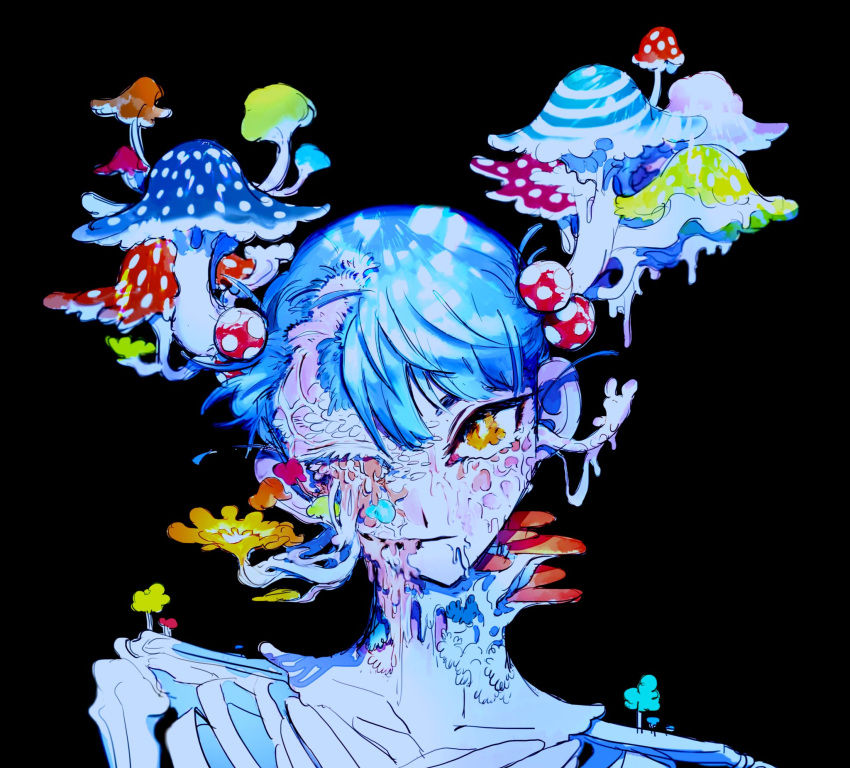 1girl, black_background, blue_hair, body_horror, exposed_bone, fungal_growth, highres, horror_(theme), ichiruho, looking_at_viewer, missing_eye, mushroom, muted_color, orange_eyes, original, short_hair, simple_background, solo, upper_body