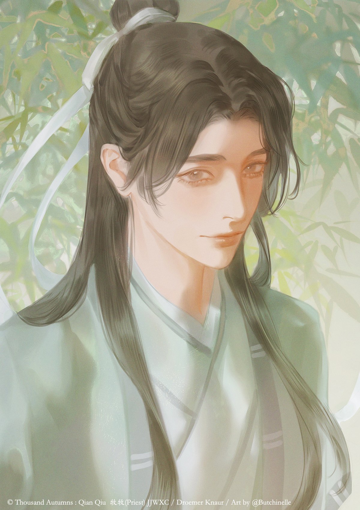 1boy, artist_name, brown_hair, butchinelle, chinese_clothes, copyright_name, english_commentary, green_hanfu