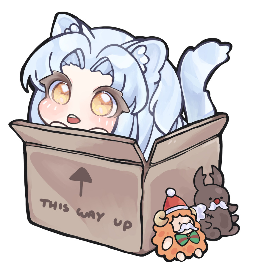 1girl, angela_(project_moon), animal_ears, animalization, blue_hair, bow, bowtie, box, cat_ears, cat_tail, chibi, facial_hair, gregor_(project_moon), highres, in_box, in_container, ishmael_(project_moon), kemonomimi_mode, kyuncat, limbus_company, lobotomy_corporation, mustache, parted_bangs, project_moon, solo, stuffed_animal, stuffed_cockroach, stuffed_sheep, stuffed_toy, tail, yellow_eyes