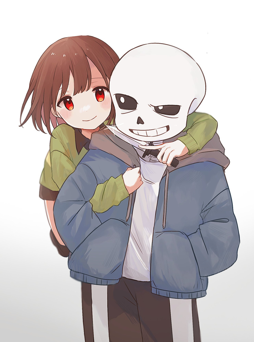 1boy, 1other, at_knifepoint, blue_jacket, blush, bob_cut, brown_hair, brown_shorts