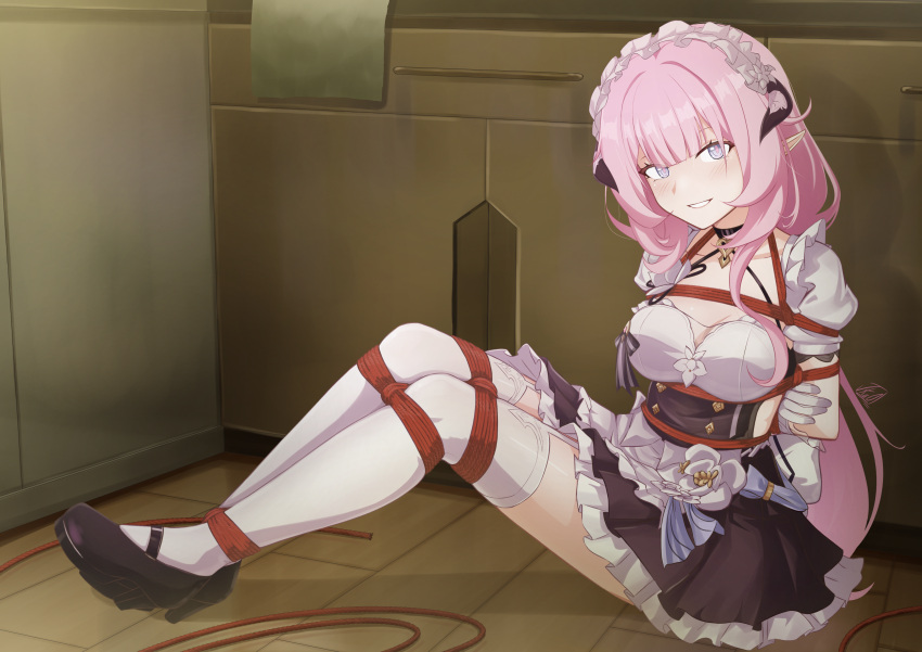 1girl, absurdres, arms_behind_back, bdsm, black_choker, black_footwear, black_skirt, blue_eyes, blush, bondage, bound, breasts, choker, elysia_(honkai_impact), elysia_(miss_pink_elf)_(honkai_impact), fake_horns, flower_ornament, hair_ornament, hairband, highres, honkai_(series), honkai_impact_3rd, horns, indoors, long_hair, looking_at_viewer, maid, on_ground, pantyhose, pink_hair, pink_pupils, pointy_ears, ponytail, red_rope, restrained, ribbon, rope, shibari, shibari_over_clothes, short_sleeves, sitting, skirt, smile, tied_up_(nonsexual), vakaosciosa, white_pantyhose