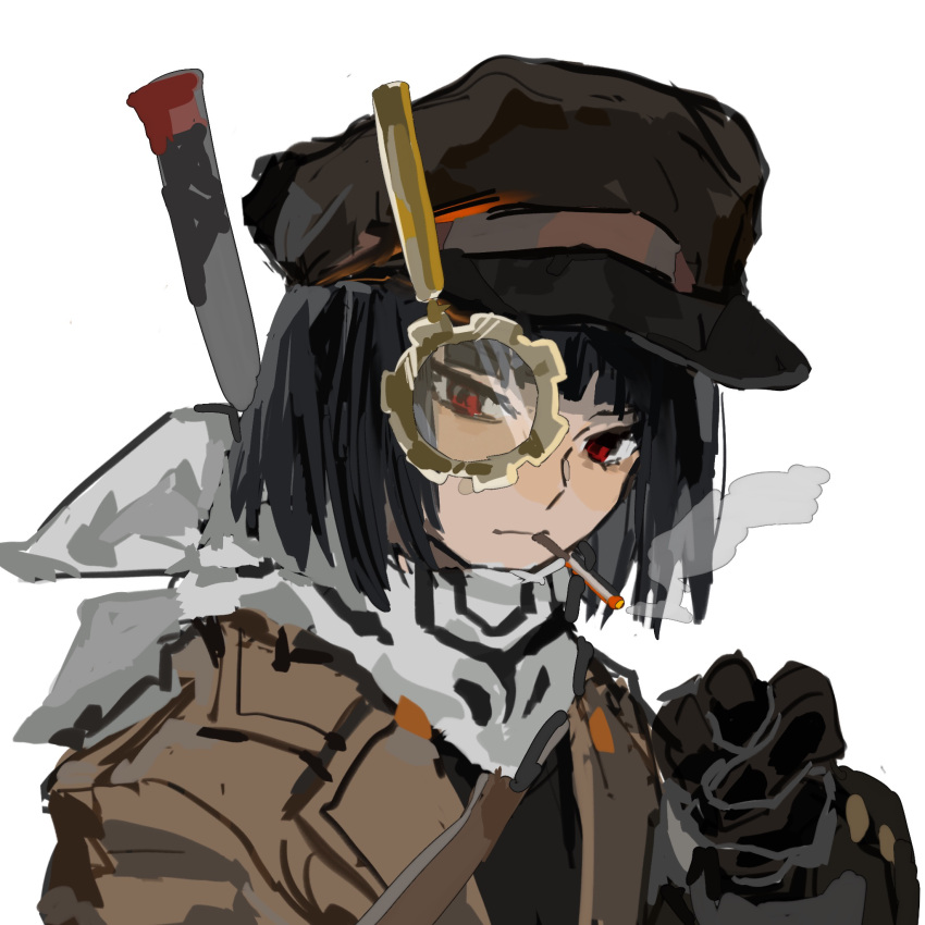 1girl, bandana, bandana_around_neck, black_gloves, black_hair, bob_cut, brown_hat, cabbie_hat