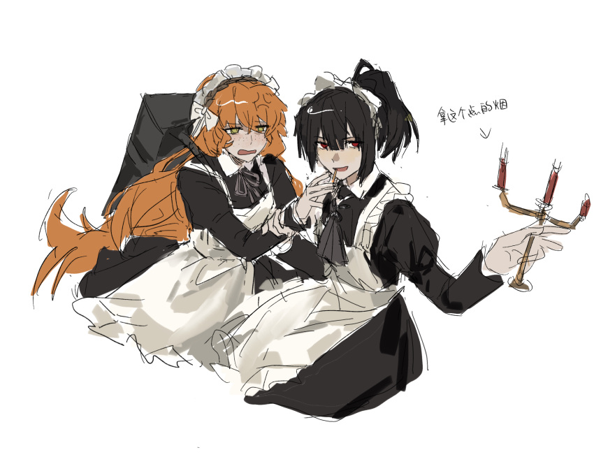 2girls, anger_vein, apron, ascot, black_ascot, black_dress, cigarette, cowboy_shot