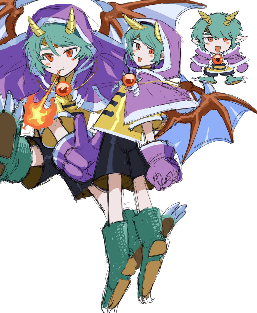 1boy, breath_weapon, breathing_fire, capelet, dragon_boy, dragon_horns, dragon_wings, fire