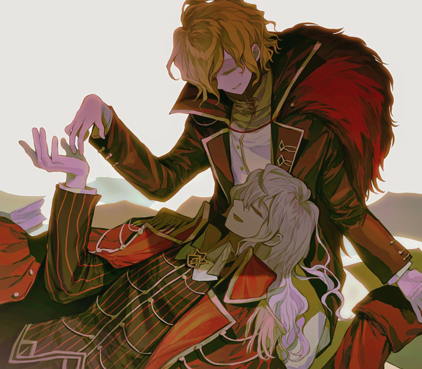 1boy, 1girl, anzekeye, black_coat, black_jacket, blonde_hair, cape, checkered_floor