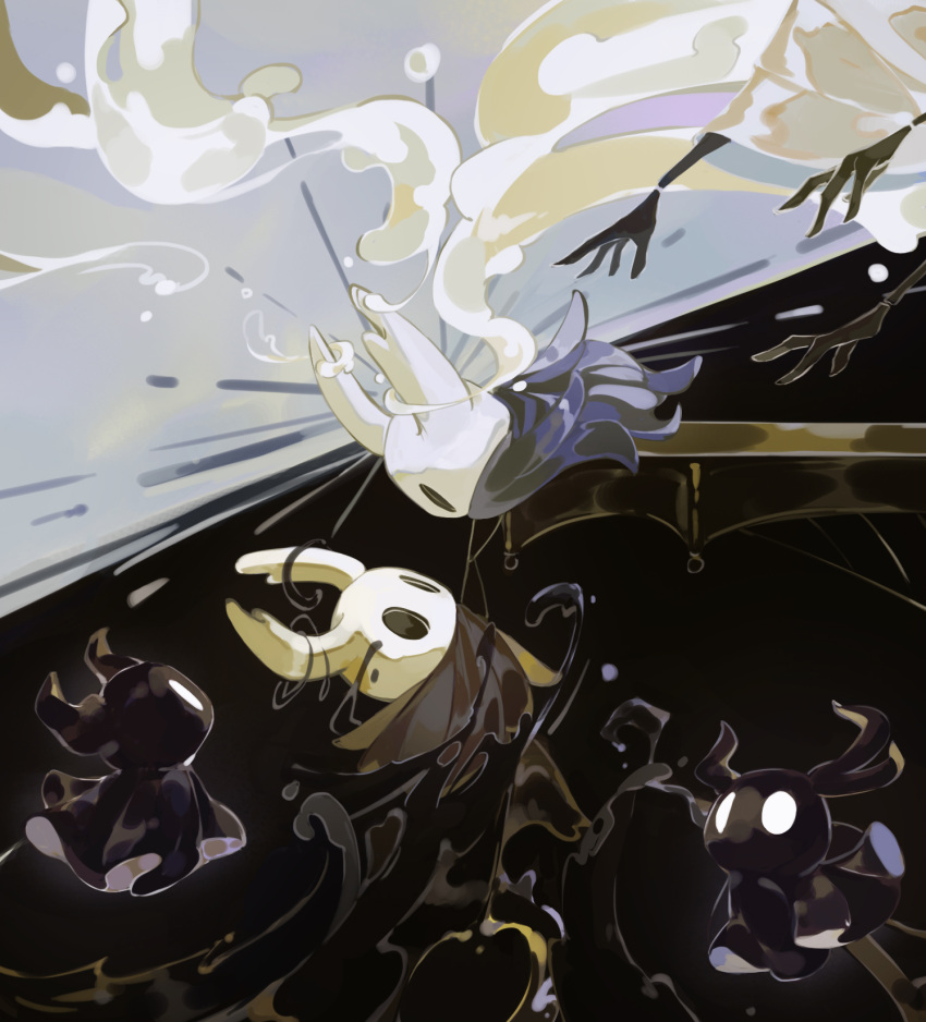 black_eyes, black_liquid, blank_eyes, blankowalski, cloak, falling, grey_cloak, highres