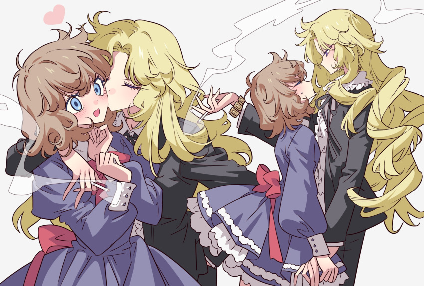 2girls, asaka_rei, black_jacket, black_ribbon, blonde_hair, blue_dress, blue_eyes, blush