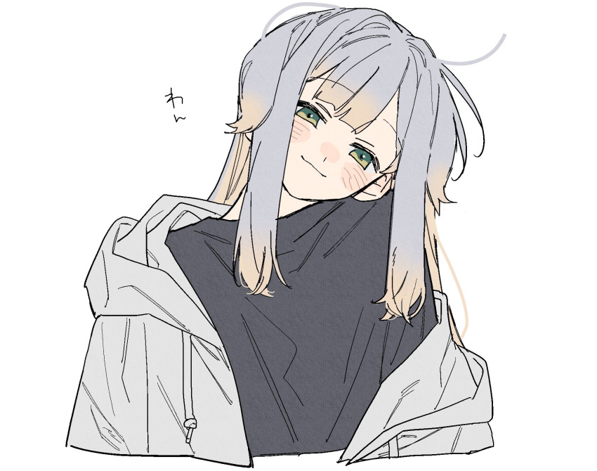 1girl, alternate_costume, black_shirt, blush_stickers, dayama, gradient_hair, green_eyes, grey_hair