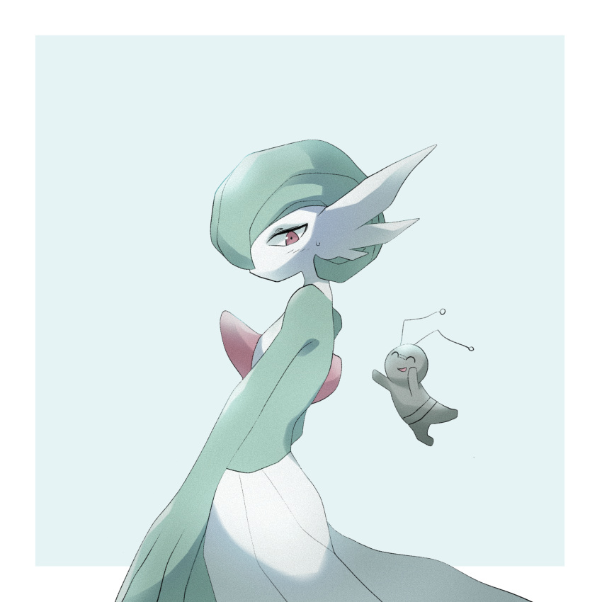 1girl, 1other, ^_^, antennae, arms_up, blue_background, blush, bob_cut