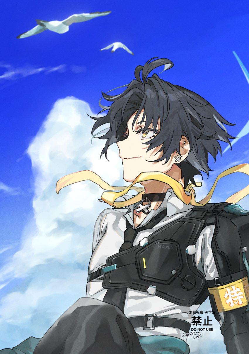 1boy, ahoge, armband, asaba_harumasa, belt, bird, black_choker, black_hair