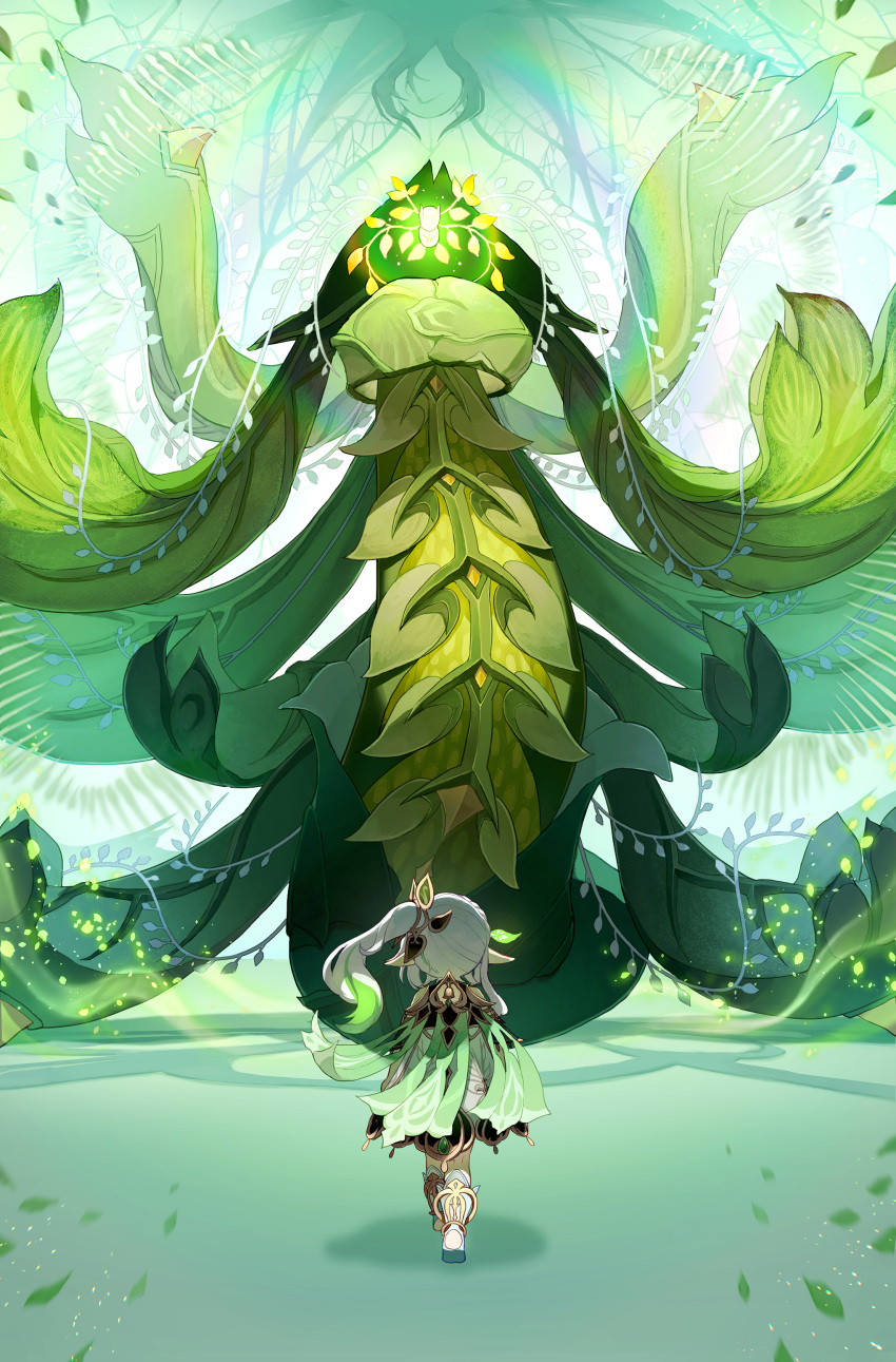 1girl, absurdres, apep_(genshin_impact), cape, dress, faceoff, genshin_impact, glowing