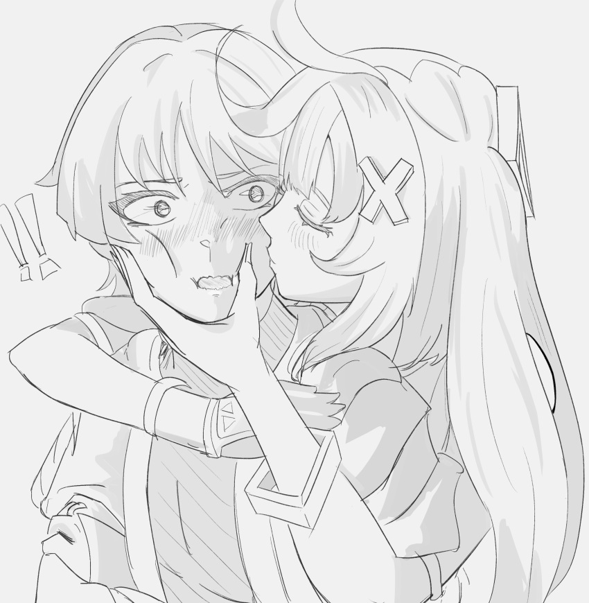 !, !!, 1boy, 1girl, absurdres, ahoge, arm_across_chest, armlet