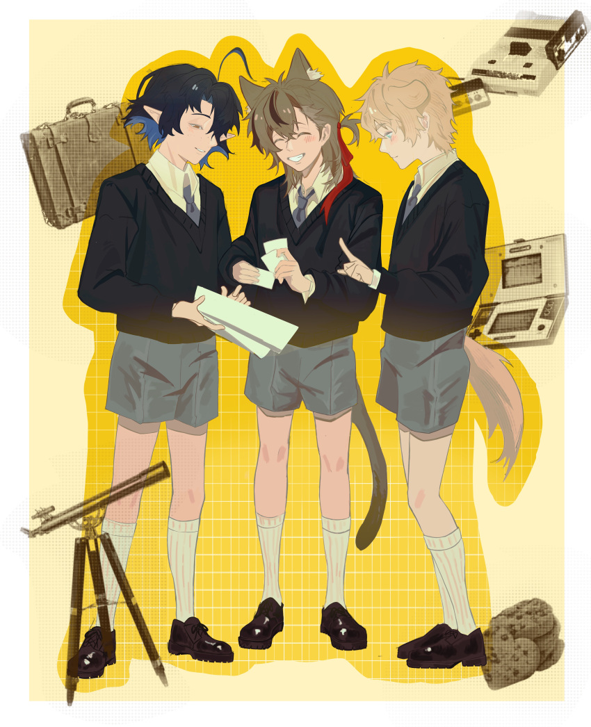 3boys, absurdres, aged_down, ahoge, animal_ear_fluff, animal_ears, arknights, baiyuxi72894, black_hair, black_streaks, black_sweater_vest, blonde_hair, blue_eyes, blue_hair, blue_necktie, blush, brown_footwear, brown_hair, card, cat_ears, cat_tail, cheek_blush, closed_eyes, closed_mouth, collar, collared_shirt, cookie, dog_boy, dog_ears, dog_tail, dress_shoes, food, grey_shorts, grid, hair_between_eyes, highres, holding, holding_card, holding_paper, looking_at_object, lumen_(arknights), male_focus, multiple_boys, necktie, orange_eyes, paper, pointing, pointing_up, pointy_ears, red_ribbon, ribbon, shirt, shorts, smile, socks, stainless_(arknights), suitcase, sweater_vest, tail, teeth, telescope, tequila_(arknights), translation_request, white_collar, white_shirt, white_socks, yellow_background