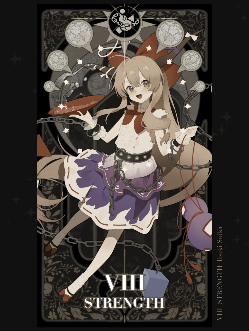 1girl, ankle_socks, belt, black_belt, black_border, black_footwear, blonde_hair, border, bow, bowtie, brown_eyes, brown_horns, buttons, card_(medium), center_frills, chain, character_name, cube, cup, english_commentary, english_text, fang, footwear_bow, frilled_cuffs, frills, full_body, gourd, hair_bow, highres, holding, holding_cup, horn_ornament, horn_ribbon, horns, ibuki_suika, layered_skirt, long_hair, looking_at_viewer, multicolored_clothes, multicolored_skirt, open_mouth, pyramid_(geometry), rcs_4, red_bow, red_bowtie, ribbon, ribbon-trimmed_skirt, ribbon_trim, sakazuki, shirt, sidelocks, skin_fang, skirt, sleeveless, sleeveless_shirt, smile, socks, solo, strength_(tarot), tarot, tarot_(medium), torn_clothes, torn_collar, torn_sleeves, touhou, very_long_hair, white_bow, white_shirt, white_socks, wrist_cuffs