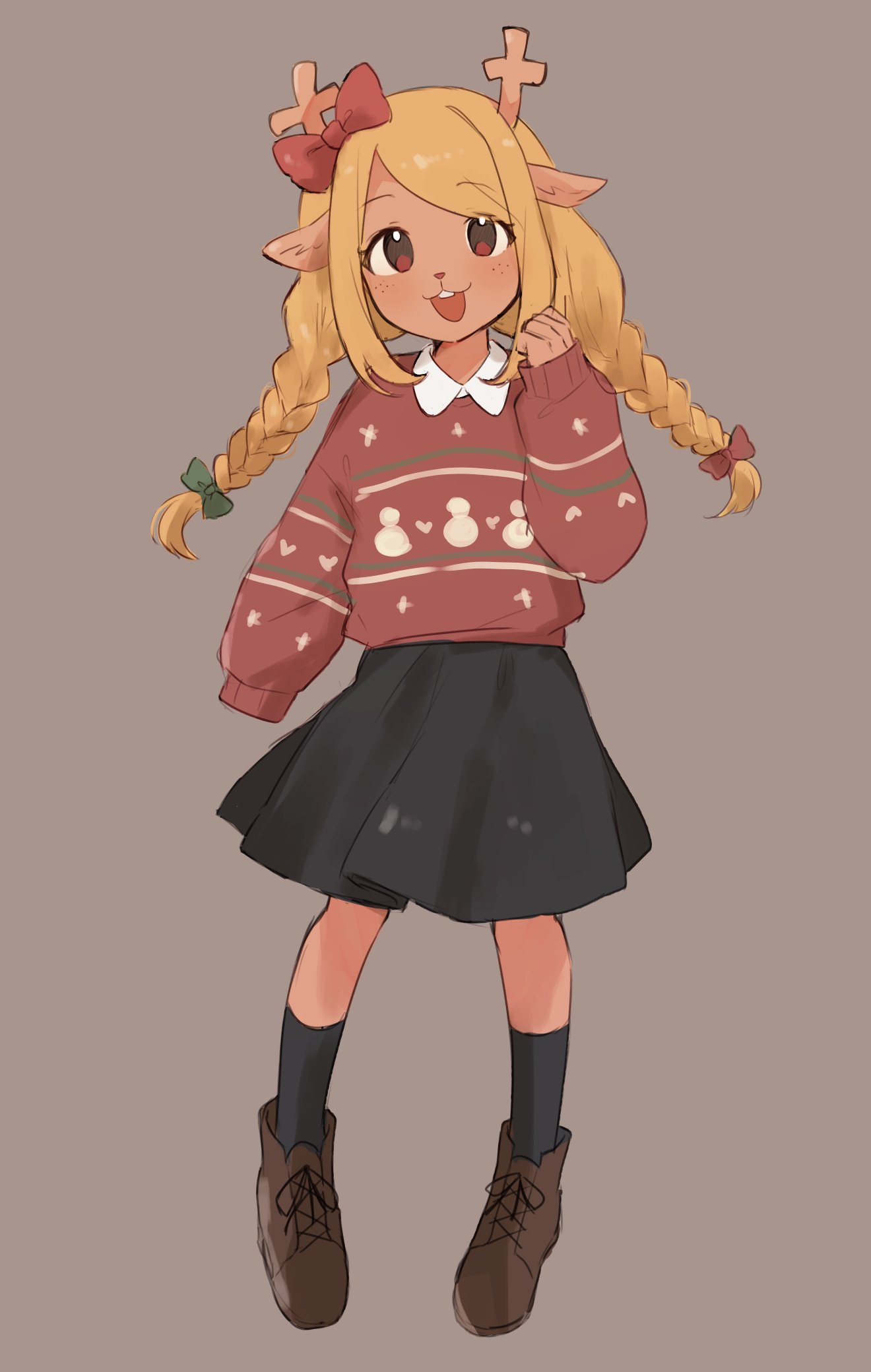 1girl, :3, animal_ears, animal_nose, ankle_boots, antlers, arm_at_side, black_skirt