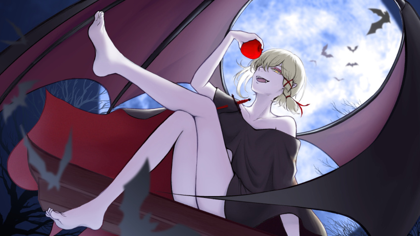 1girl, apple, barefoot, bat_(animal), bat_wings, blonde_hair, braid, deathtopia_virtuoso_suicide-master