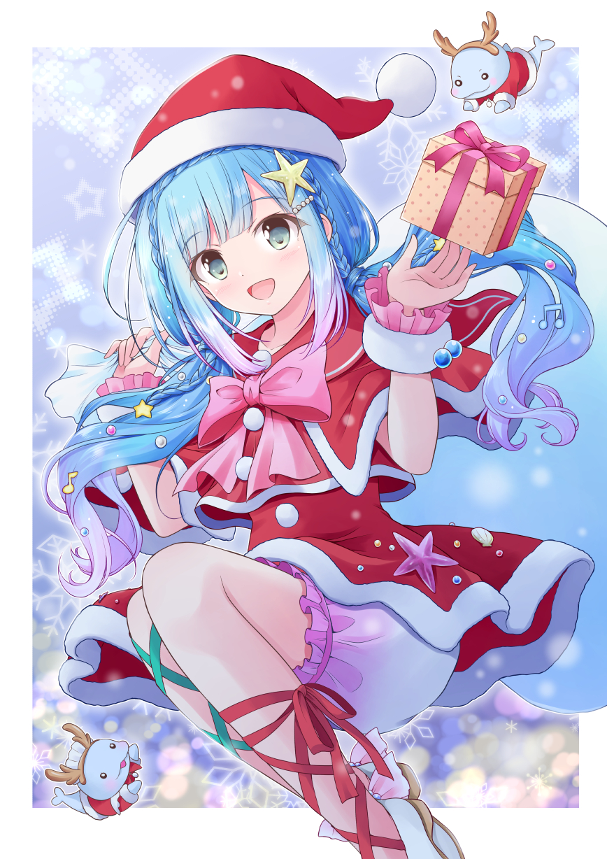 1girl, blue_eyes, blue_hair, christmas_present, dress, fur-trimmed_dress, fur_trim, gift