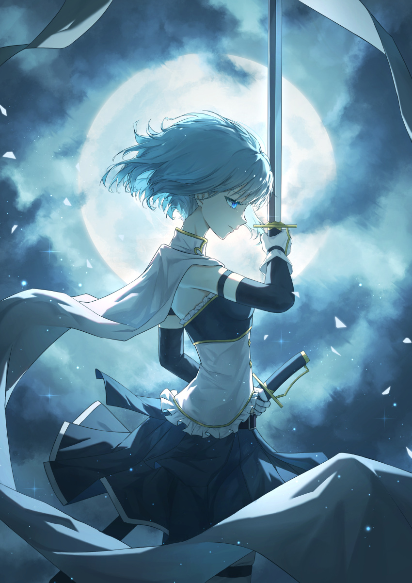 1girl, absurdres, armor, blue_eyes, blue_hair, blue_skirt, blue_theme, breastplate