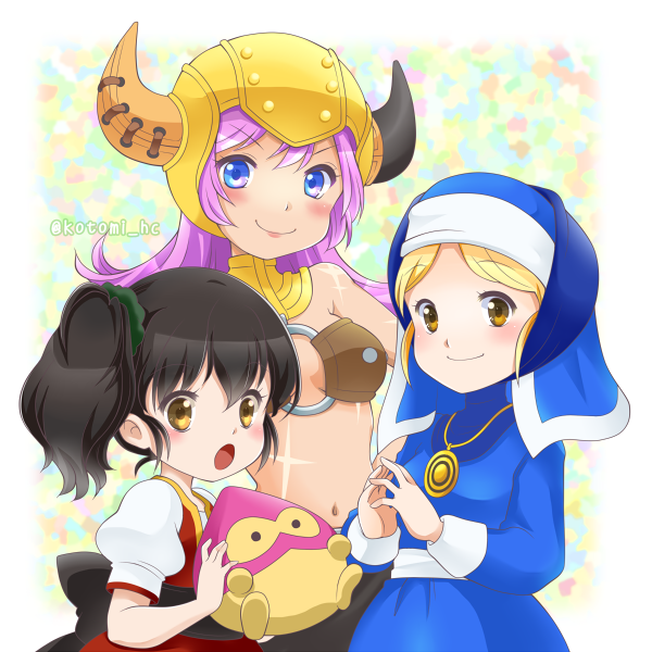 3girls, ameruda, black_bow, blonde_hair, blue_eyes, blue_robe, border, bow