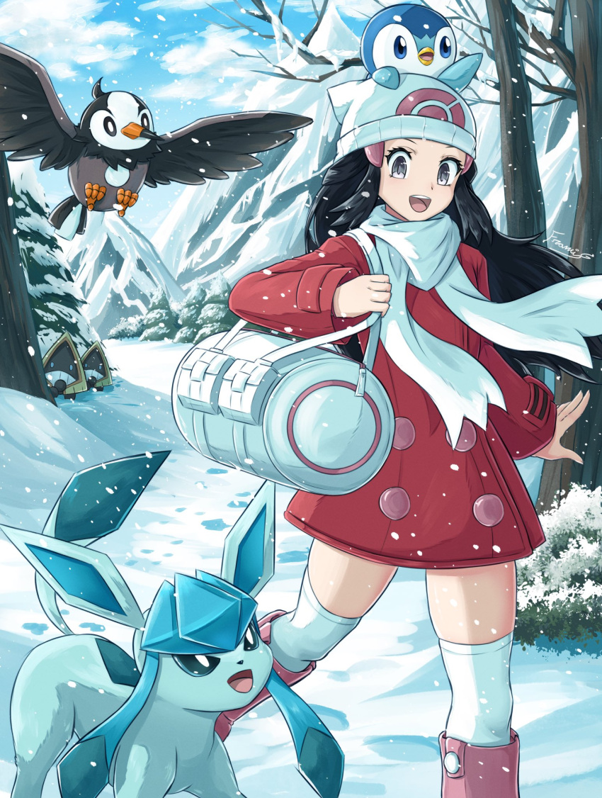 1girl, bag, beanie, black_hair, blue_sky, boots, bush, clouds