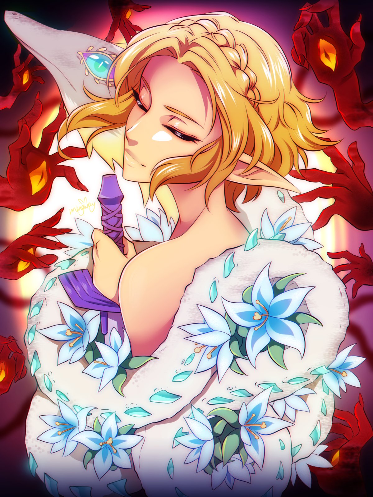 1girl, bare_back, blonde_hair, braid, closed_eyes, commentary, crown_braid, english_commentary